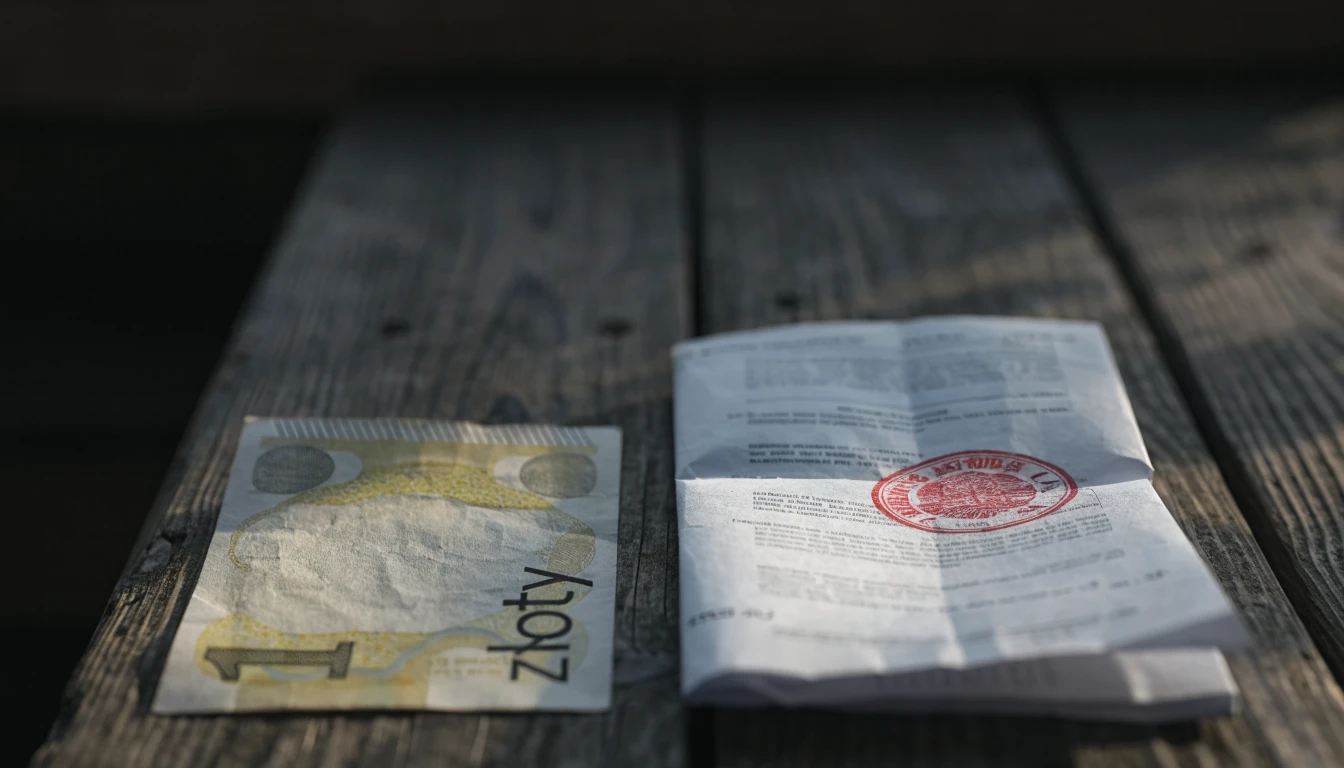 Banknot i urzędowe wezwanie z pieczęcią na stole